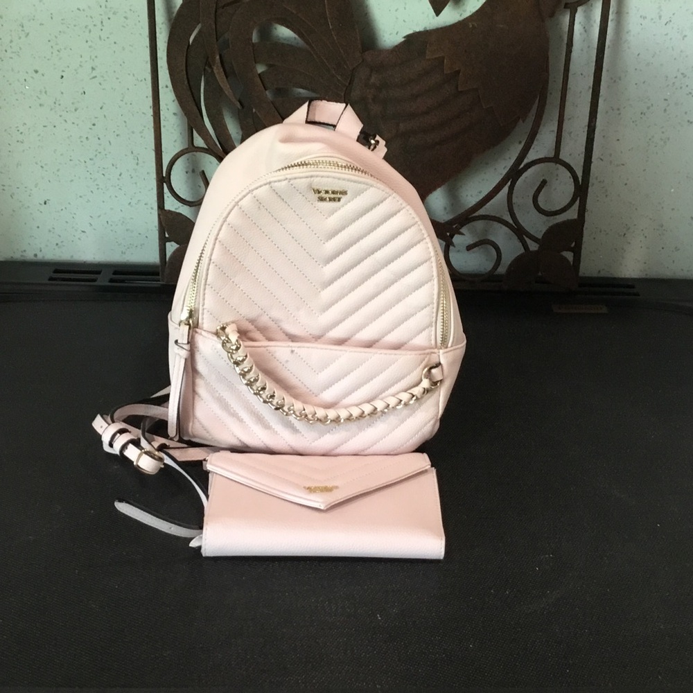 Womens Pink Quilted Backpack with Wallet - Gold Chain Detail